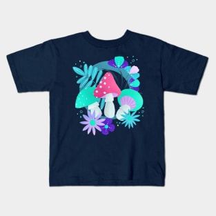 Turquoise and pink mushrooms and flowers Kids T-Shirt